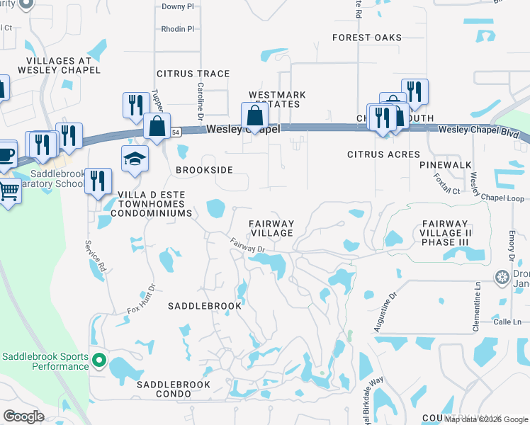 map of restaurants, bars, coffee shops, grocery stores, and more near 5445 Pine Bark Lane in Zephyrhills