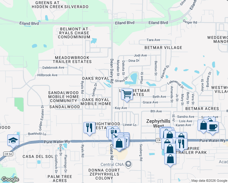 map of restaurants, bars, coffee shops, grocery stores, and more near 5402 Dean Dairy Road in Zephyrhills