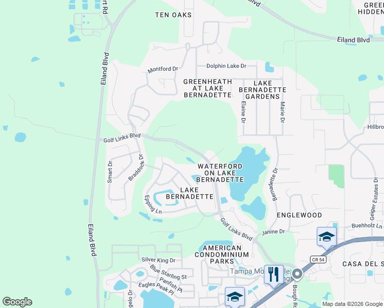 map of restaurants, bars, coffee shops, grocery stores, and more near 34934 Teeview Lane in Zephyrhills
