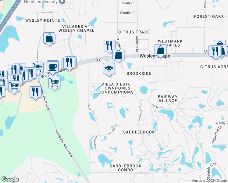 map of restaurants, bars, coffee shops, grocery stores, and more near 5429 Villa Deste Court in Zephyrhills