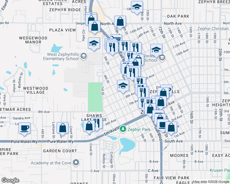 map of restaurants, bars, coffee shops, grocery stores, and more near 38105 9th Avenue in Zephyrhills