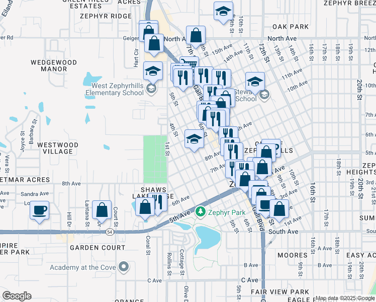 map of restaurants, bars, coffee shops, grocery stores, and more near 38105 9th Ave in Zephyrhills