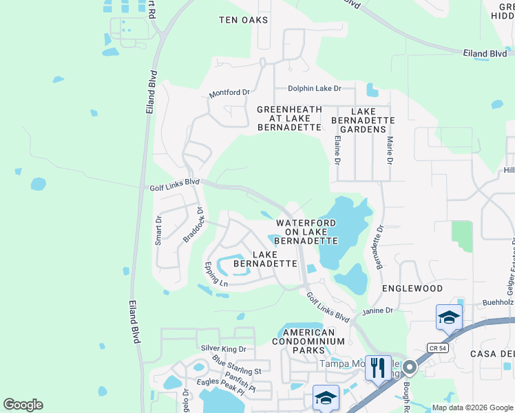 map of restaurants, bars, coffee shops, grocery stores, and more near 34912 Teeview Lane in Zephyrhills