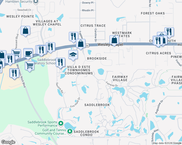 map of restaurants, bars, coffee shops, grocery stores, and more near 5424 Saddlebrook Way in Zephyrhills