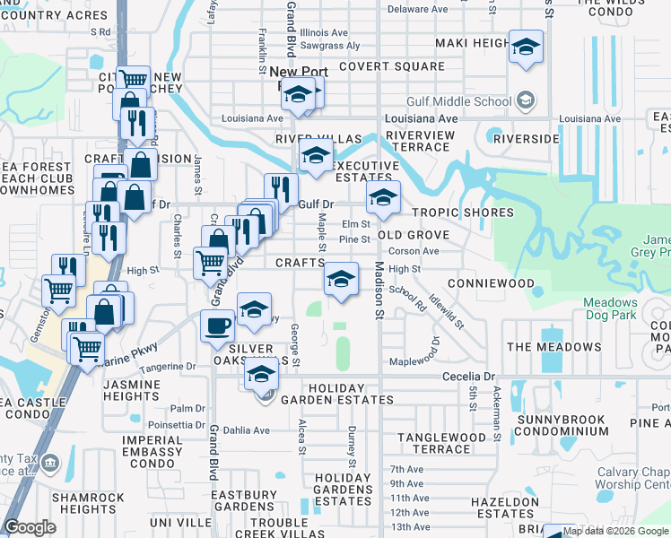 map of restaurants, bars, coffee shops, grocery stores, and more near 5845 High Street in New Port Richey