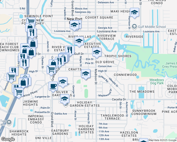 map of restaurants, bars, coffee shops, grocery stores, and more near 5941 High Street in New Port Richey