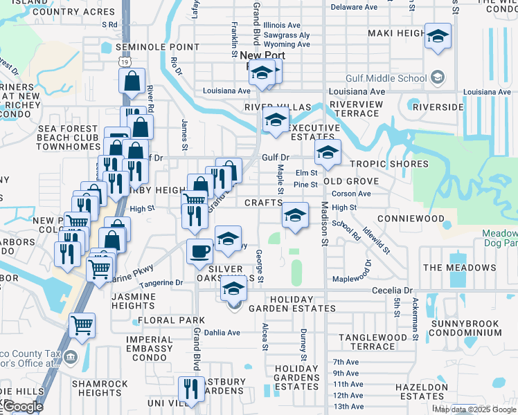 map of restaurants, bars, coffee shops, grocery stores, and more near High Street in New Port Richey