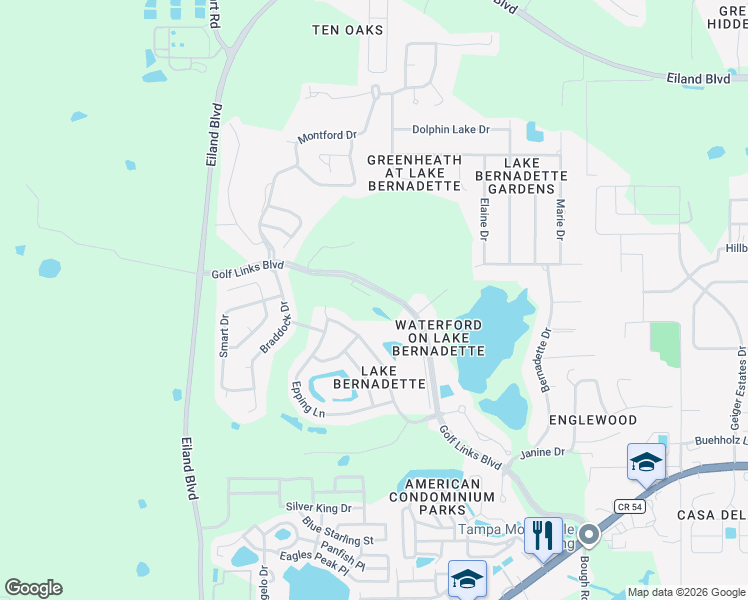 map of restaurants, bars, coffee shops, grocery stores, and more near 34912 Teeview Lane in Zephyrhills