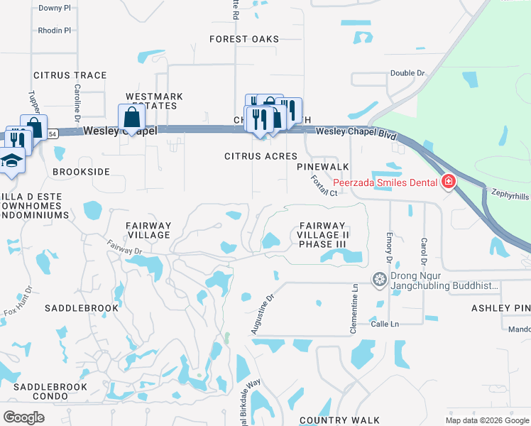 map of restaurants, bars, coffee shops, grocery stores, and more near 5430 Kemkerry Road in Zephyrhills