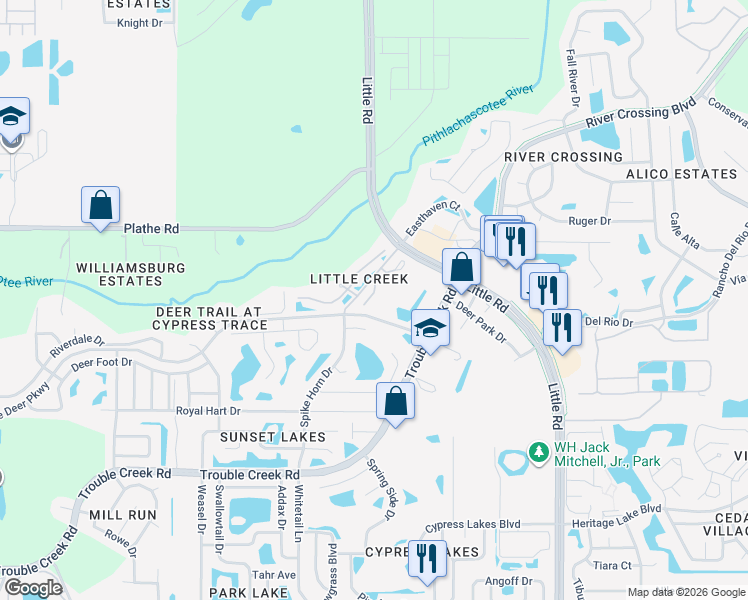 map of restaurants, bars, coffee shops, grocery stores, and more near 5318 Anhinga Trail in New Port Richey