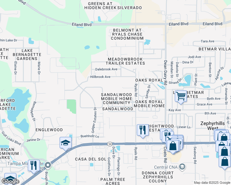 map of restaurants, bars, coffee shops, grocery stores, and more near 36043 Aster Avenue in Zephyrhills