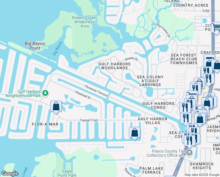 map of restaurants, bars, coffee shops, grocery stores, and more near 4348 Reeves Road in New Port Richey