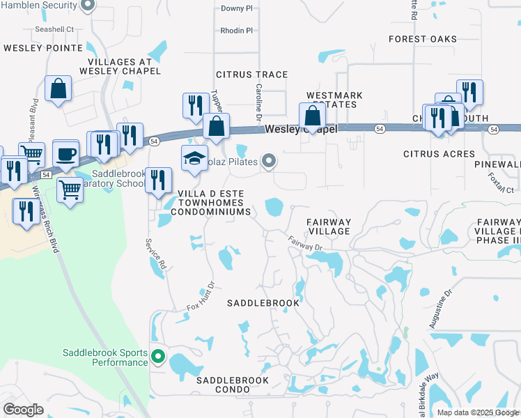 map of restaurants, bars, coffee shops, grocery stores, and more near 5440 Lady Bug Lane in Wesley Chapel