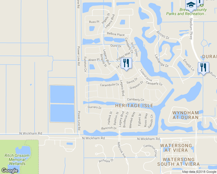 map of restaurants, bars, coffee shops, grocery stores, and more near 3852 Carambola Circle in Melbourne