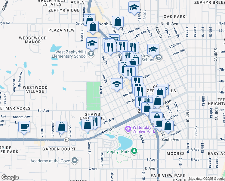 map of restaurants, bars, coffee shops, grocery stores, and more near 38105 9th Avenue in Zephyrhills