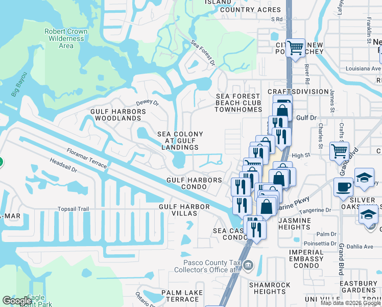 map of restaurants, bars, coffee shops, grocery stores, and more near 5323 Jobeth Drive in Port Richey
