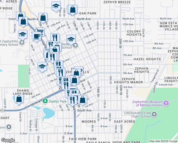 map of restaurants, bars, coffee shops, grocery stores, and more near 5409 11th Street in Zephyrhills