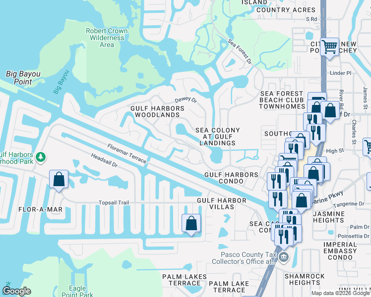map of restaurants, bars, coffee shops, grocery stores, and more near 4522 Marine Parkway in New Port Richey