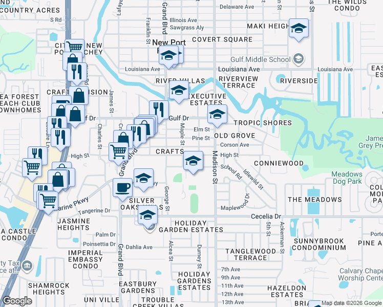 map of restaurants, bars, coffee shops, grocery stores, and more near 5843 High Street in New Port Richey