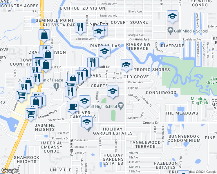 map of restaurants, bars, coffee shops, grocery stores, and more near 5827 High Street in New Port Richey