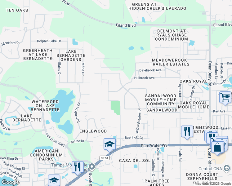 map of restaurants, bars, coffee shops, grocery stores, and more near 35716 Hillbrook Avenue in Zephyrhills