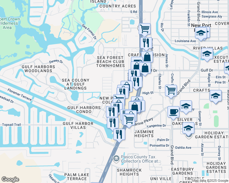 map of restaurants, bars, coffee shops, grocery stores, and more near 5307 Charlotte Avenue in Port Richey