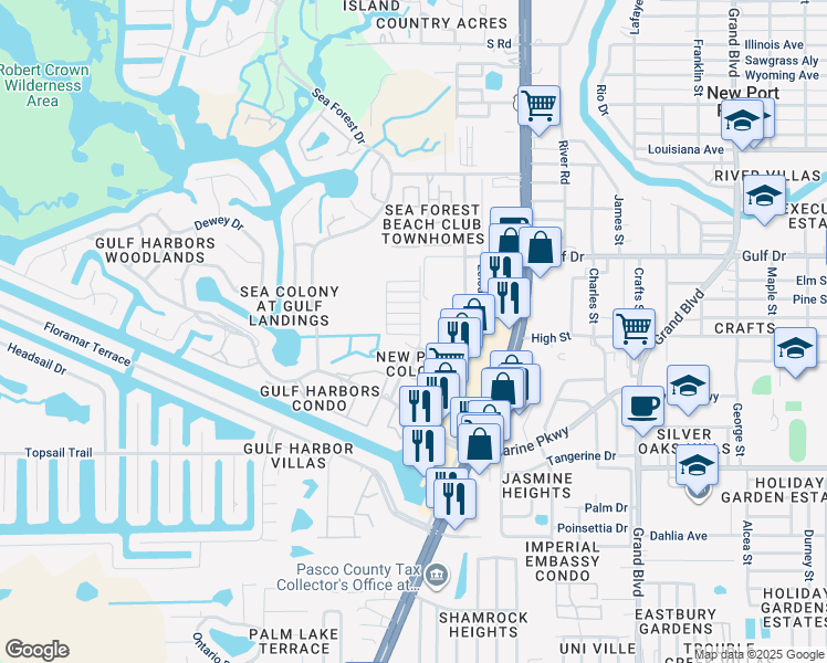 map of restaurants, bars, coffee shops, grocery stores, and more near 4945 Docner Street in New Port Richey