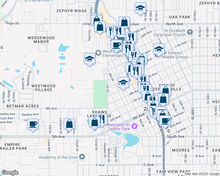 map of restaurants, bars, coffee shops, grocery stores, and more near 5434 3rd Street in Zephyrhills