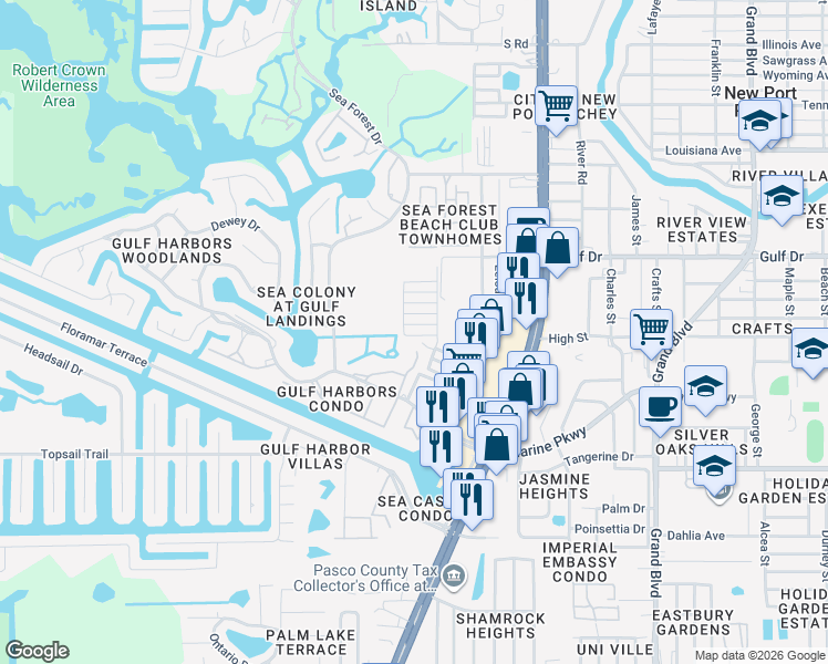 map of restaurants, bars, coffee shops, grocery stores, and more near 4929 Docner Street in New Port Richey