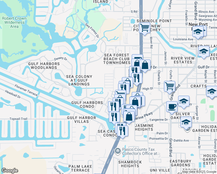 map of restaurants, bars, coffee shops, grocery stores, and more near 4933 Docner Street in New Port Richey