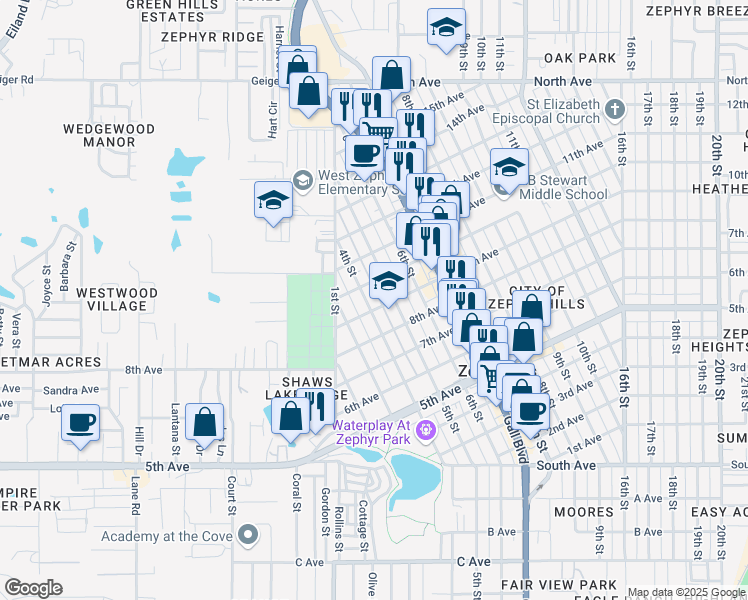 map of restaurants, bars, coffee shops, grocery stores, and more near 38105 9th Avenue in Zephyrhills
