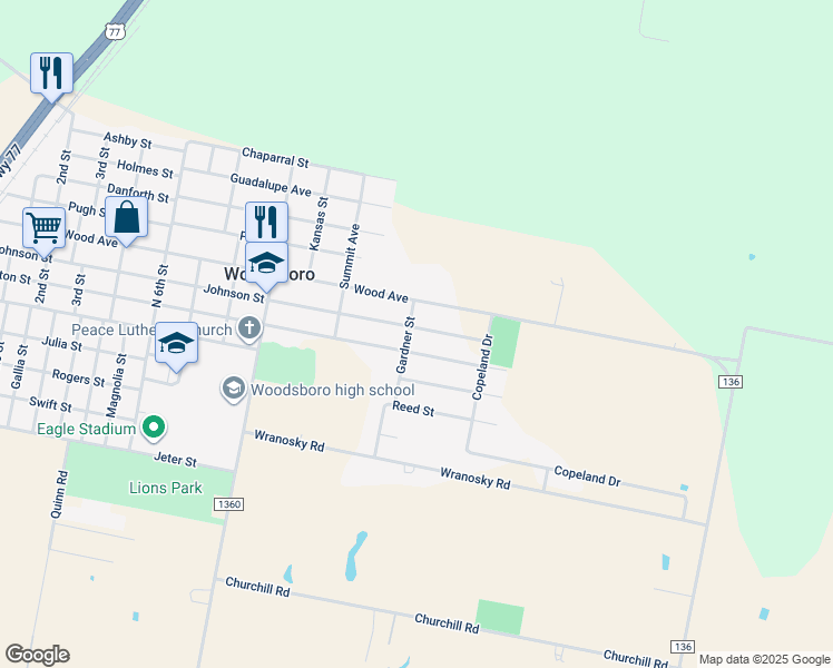 map of restaurants, bars, coffee shops, grocery stores, and more near 1307 Burton Street in Woodsboro