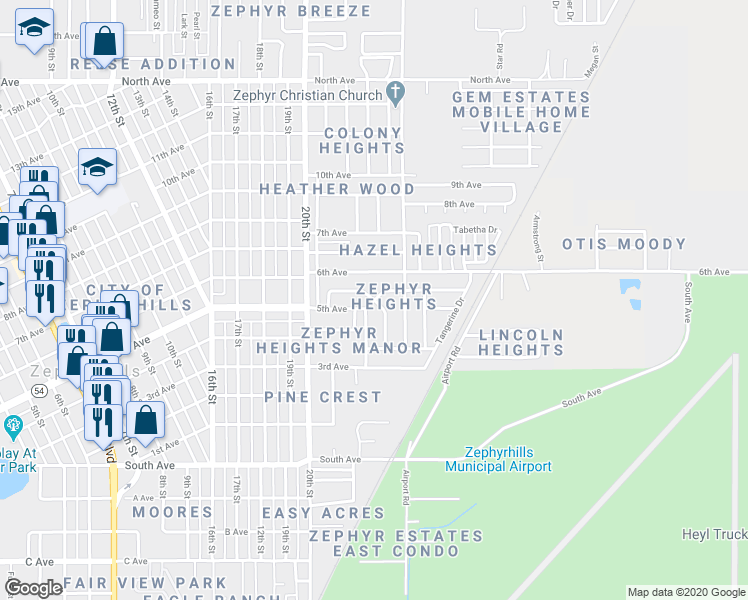 map of restaurants, bars, coffee shops, grocery stores, and more near 39136 Zephyr Avenue in Zephyrhills