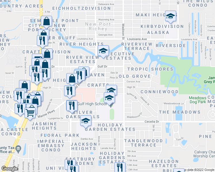 map of restaurants, bars, coffee shops, grocery stores, and more near 5825 High Street in New Port Richey