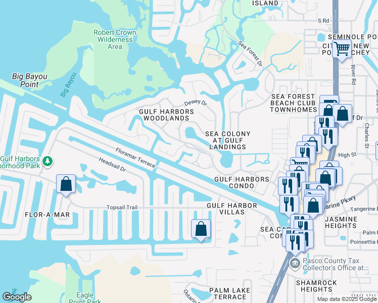 map of restaurants, bars, coffee shops, grocery stores, and more near 4453 Garnet Drive in New Port Richey