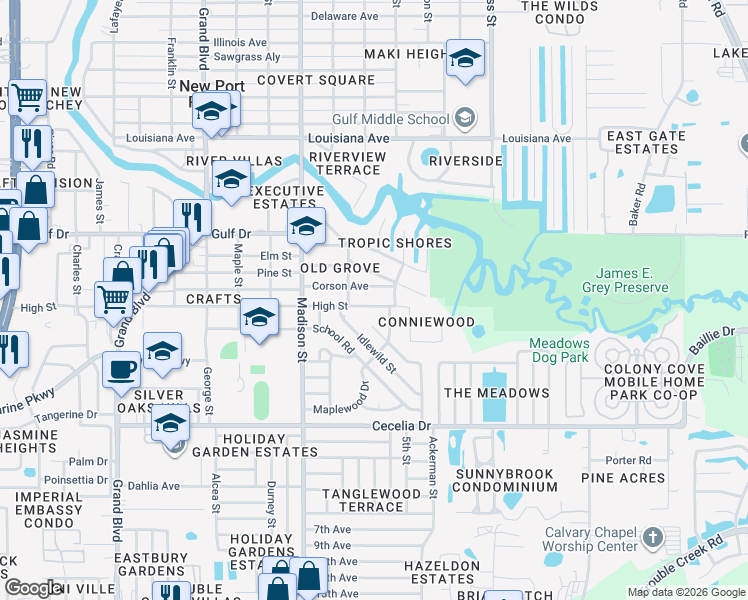 map of restaurants, bars, coffee shops, grocery stores, and more near 6201 High Street in New Port Richey