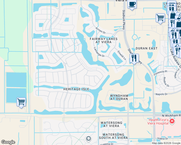 map of restaurants, bars, coffee shops, grocery stores, and more near 2670 Camberly Circle in Melbourne