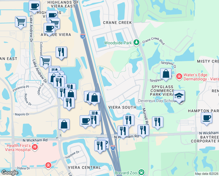 map of restaurants, bars, coffee shops, grocery stores, and more near 7216 Hammock Lakes Drive in Melbourne
