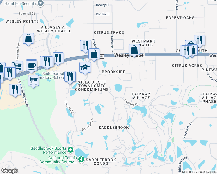 map of restaurants, bars, coffee shops, grocery stores, and more near 5424 Saddlebrook Way in Zephyrhills