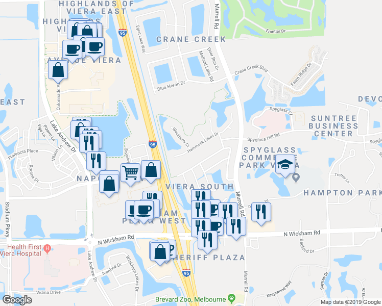 map of restaurants, bars, coffee shops, grocery stores, and more near 7167 Hammock Lakes Drive in Melbourne