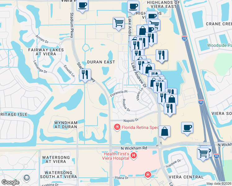 map of restaurants, bars, coffee shops, grocery stores, and more near 2439 Casona Lane in Melbourne