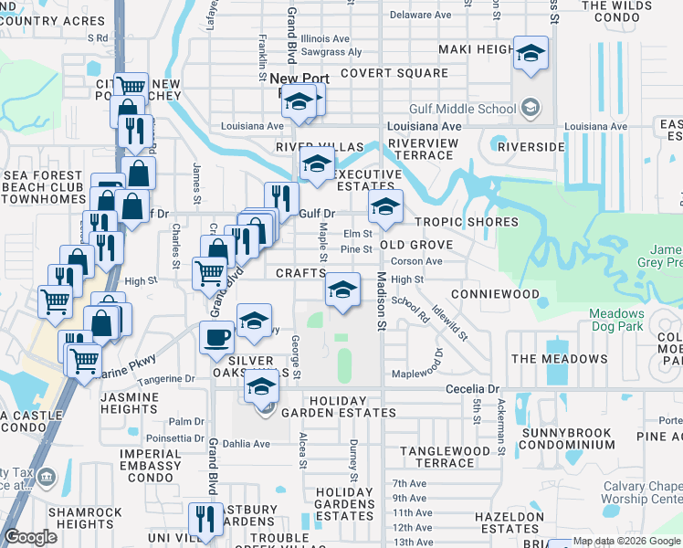 map of restaurants, bars, coffee shops, grocery stores, and more near 5856 High Street in Port Richey