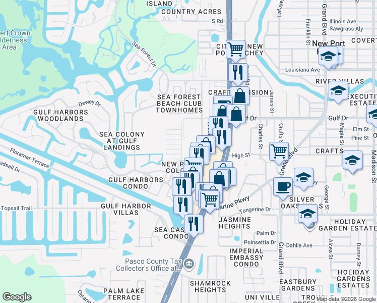 map of restaurants, bars, coffee shops, grocery stores, and more near 5307 Charlotte Avenue in Port Richey