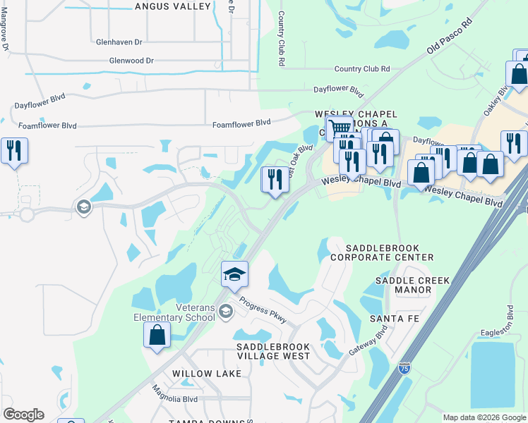 map of restaurants, bars, coffee shops, grocery stores, and more near 5474 Post Oak Boulevard in Wesley Chapel