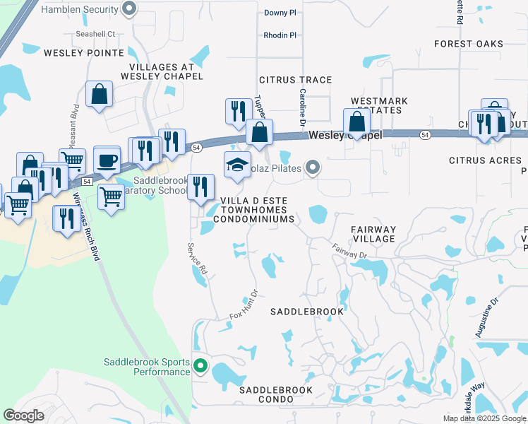 map of restaurants, bars, coffee shops, grocery stores, and more near 5454 Saddlebrook Way in Zephyrhills