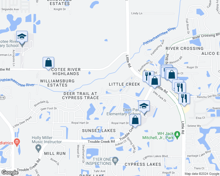 map of restaurants, bars, coffee shops, grocery stores, and more near 8333 Shallow Creek Court in New Port Richey