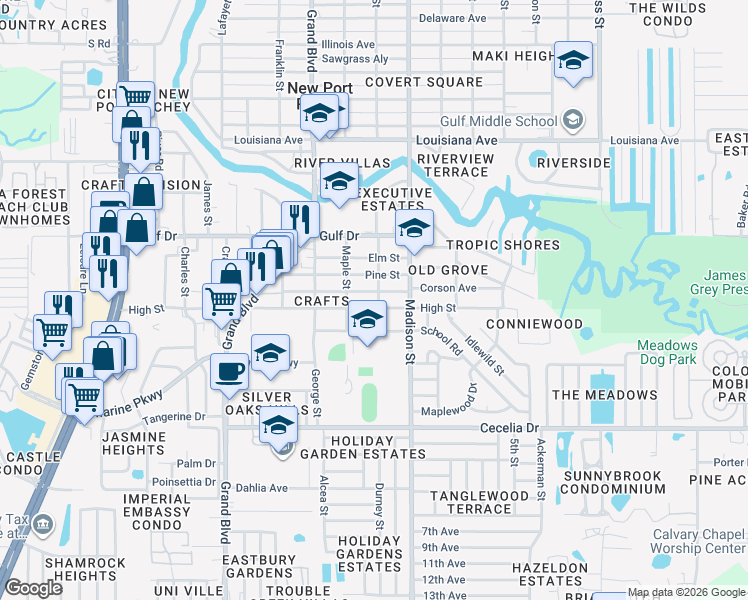 map of restaurants, bars, coffee shops, grocery stores, and more near 5319 Beach Street in New Port Richey
