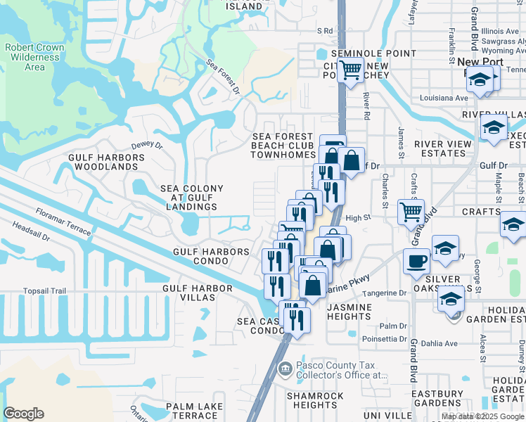 map of restaurants, bars, coffee shops, grocery stores, and more near 4933 Docner Street in New Port Richey