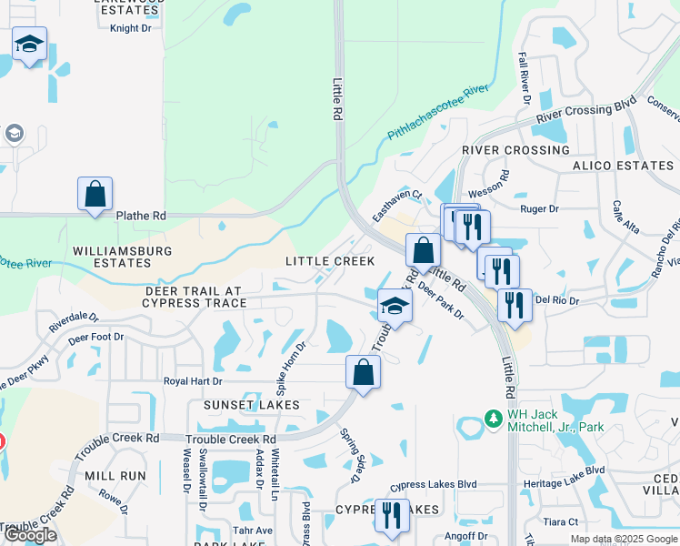 map of restaurants, bars, coffee shops, grocery stores, and more near 5335 Anhinga Trail in New Port Richey