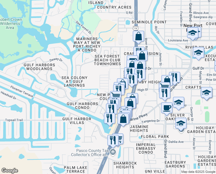 map of restaurants, bars, coffee shops, grocery stores, and more near 4950 Elkner Street in New Port Richey